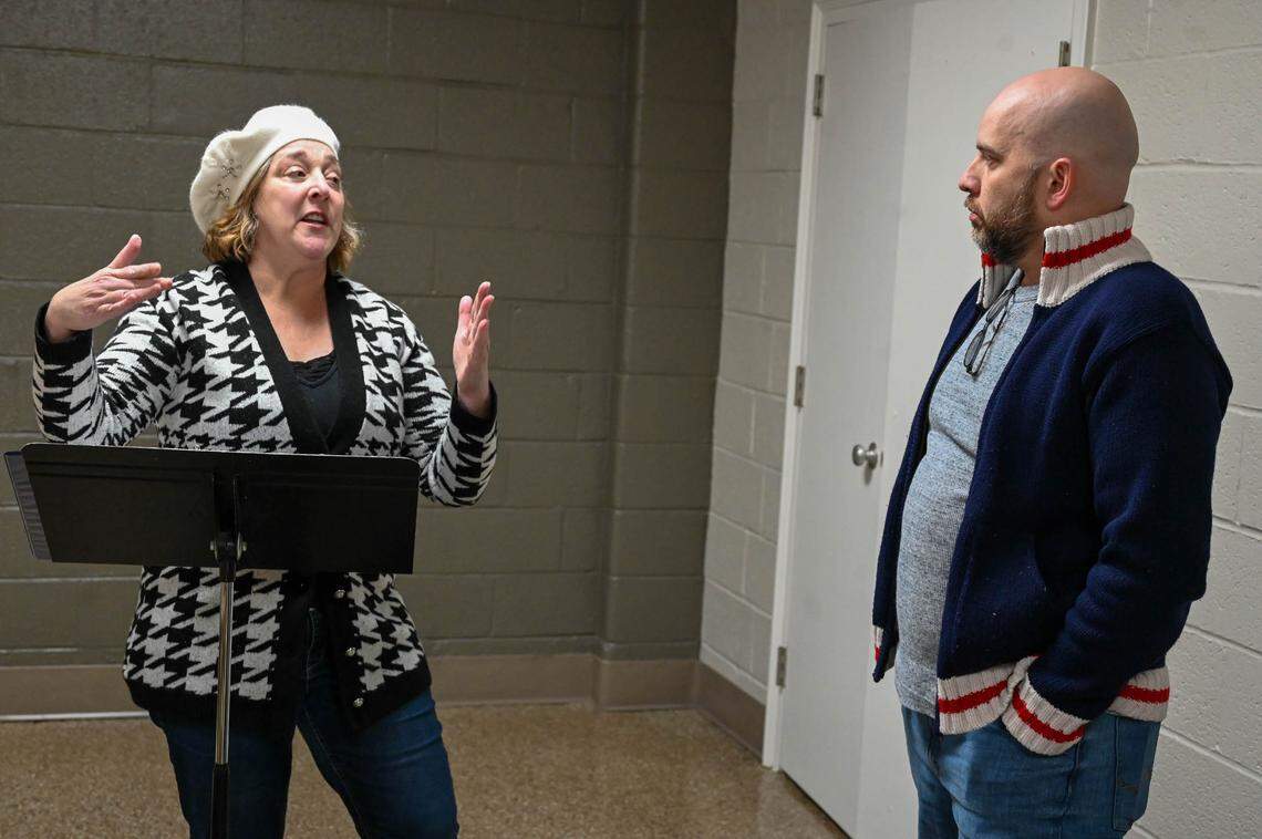 Karyn Czar, an anchor and reporter and Lexington stage performer, is slated to be the emcee and one of the featured performers in “On My Way,” a program of songs by female composers presented by the Lexington Theatre Company Feb. 18, 2023 at First United Methodist Church of Lexington. She is shown is rehearsal at First United Methodist on Feb. 11, 2023 with director Brance Cornelius and music director Nathaniel Beliveau.