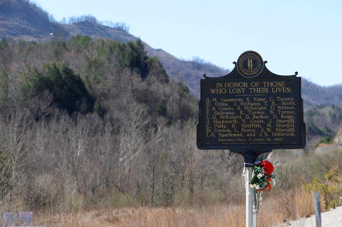 A Kentucky Historical Society marker sits on the side of U.S. Highway 119 near the site of the 1976 Scotia mine disaster March 9, 2026.