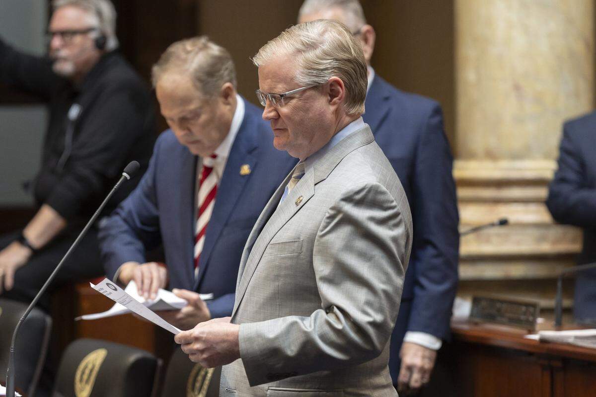 Kentucky state Sen. Damon Thayer, R- Georgetown, looks over a document in the Senate chambers at the Kentucky state Capitol in Frankfort, Ky., on Monday, April 15, 2024.