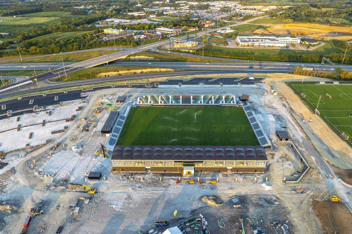 Lexington Sporting Club’s new stadium is under construction near Athens Boonesboro Road and Interstate 75 in Lexington, Ky., on Thursday, Aug. 15, 2024. The stadium is located near existing training and youth fields for LSC.
