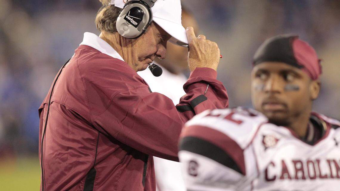 Steve Spurrier walked to the sidelines after a timeout in South Carolina's loss to Kentucky last season. It was the first time UK had ever beaten Spurrier.