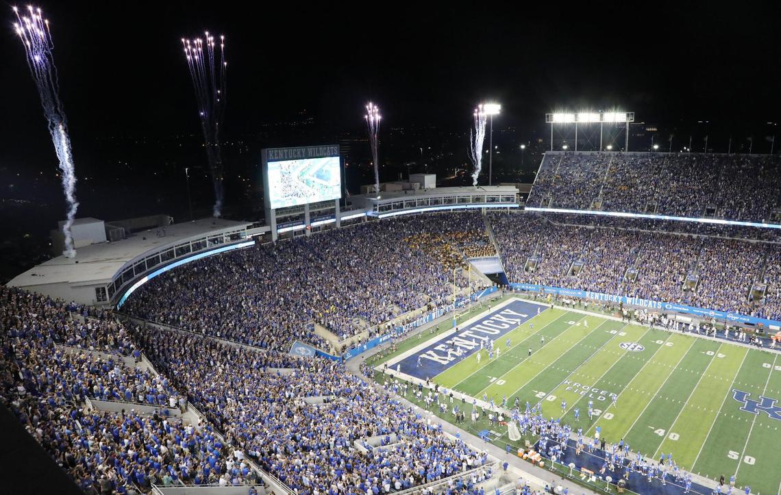 Fireworks go off from the endzone roof as Kentucky Wildcats quarterback Will Levis (7) runs into the endzone for a second half touchdown during a football game between the Kentucky Wildcats and the Missouri Tigers Saturday, Sept. 11, 2021 at Kroger Field in Lexington, Ky.