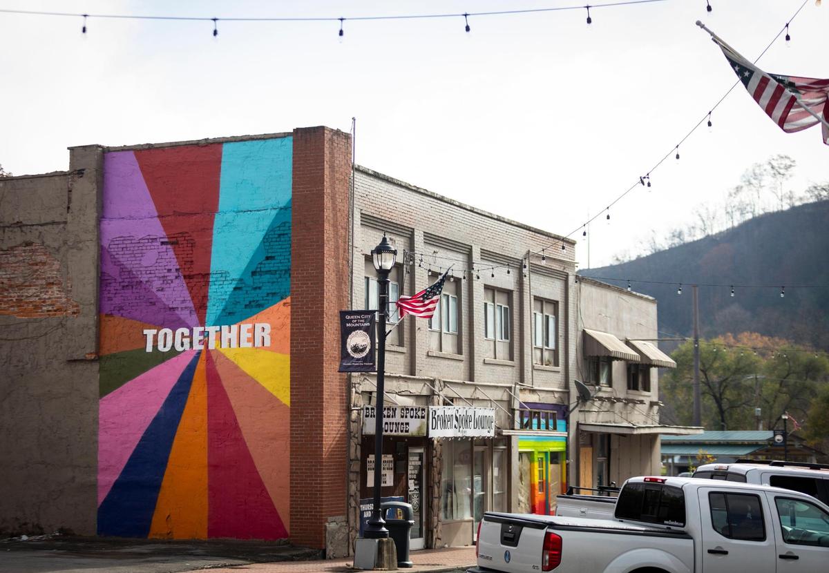 A colorful mural is displayed on the side of the building that houses the Broken Spoke Lounge along Main Street in downtown Hazard, Ky., Thursday, November 12, 2020. The murals are mean to help Hazard become a more creative place and encourage the residents and inspire hope.