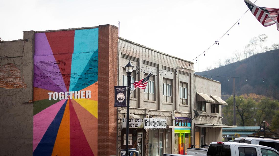 A colorful mural is displayed on the side of the building that houses the Broken Spoke Lounge along Main Street in downtown Hazard, Ky., Thursday, November 12, 2020. The murals are mean to help Hazard become a more creative place and encourage the residents and inspire hope.