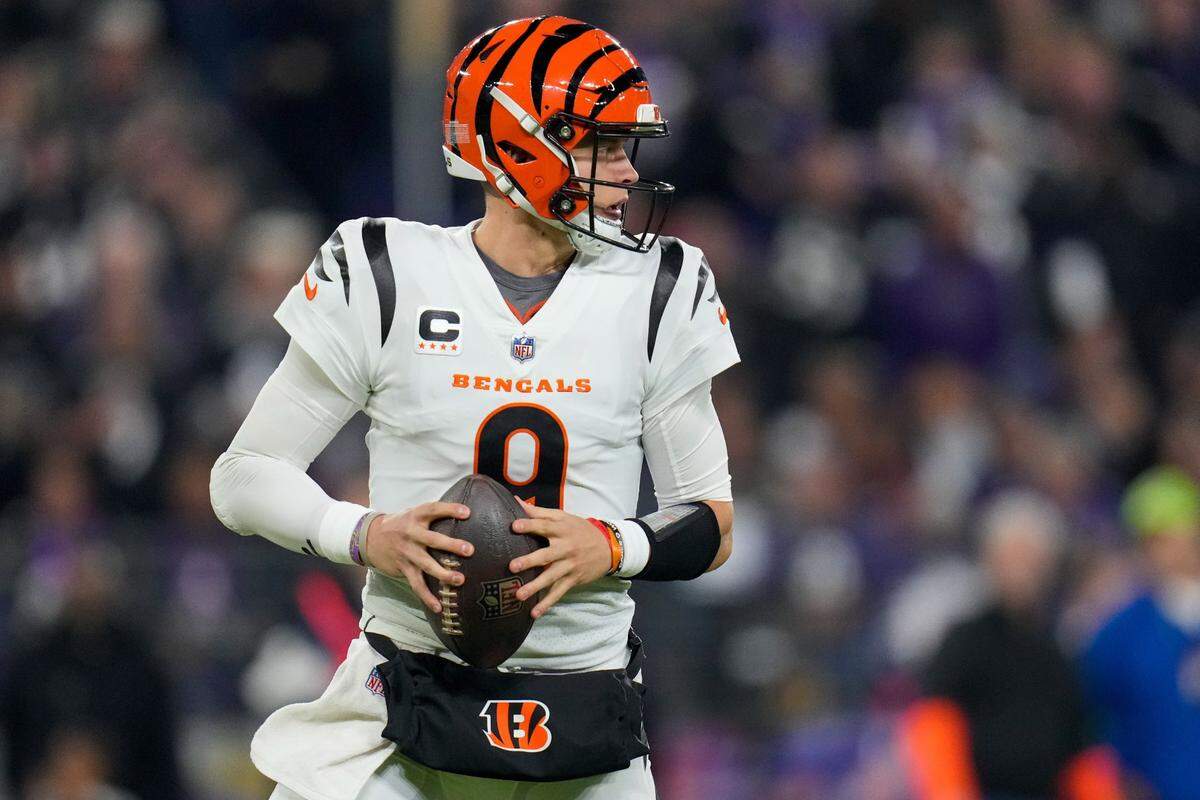 Nov 16, 2023; Baltimore, Maryland, USA; Cincinnati Bengals quarterback Joe Burrow (9) drops back in the pocket in the first quarter against the Baltimore Ravens at M&T Bank Stadium. Mandatory Credit: Sam Greene-USA TODAY Sports
