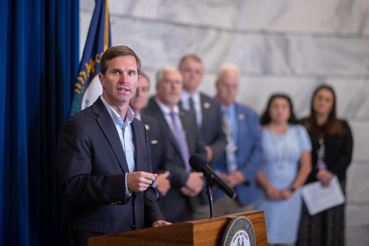 Kentucky Gov. Andy Beshear speaks during a press conference at the Kentucky state Capitol on Wednesday, Aug. 24, 2022. The state legislature is meeting for a special session starting Wednesday and is largely expected to pass a single bill appropriating money to counties impacted by flooding in Eastern Kentucky by Friday.