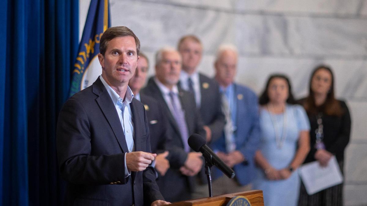 Kentucky Gov. Andy Beshear speaks during a press conference at the Kentucky state Capitol on Wednesday, Aug. 24, 2022.