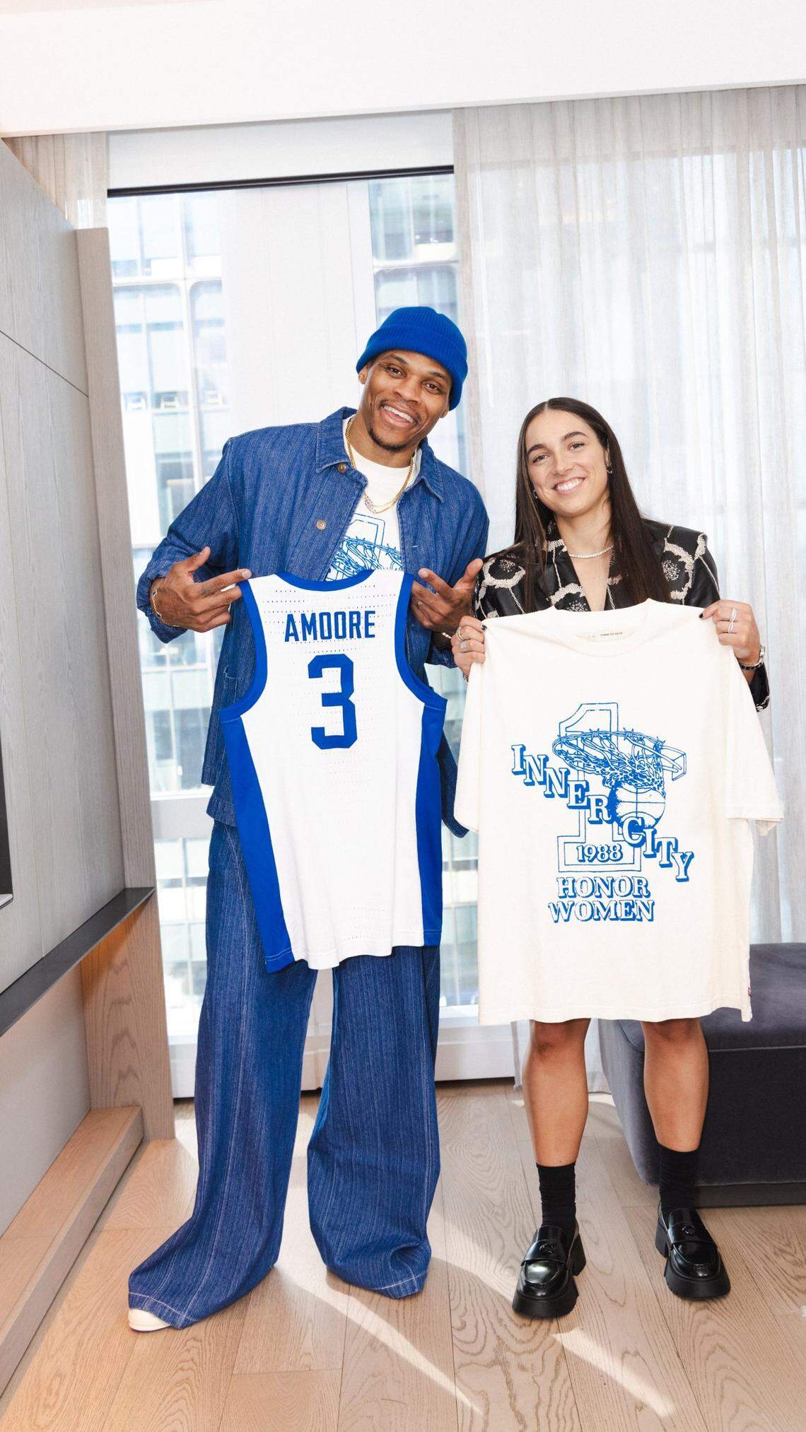 Nine-time NBA All-Star Russell Westbrook of the Denver Nuggets collaborated with Georgia Amoore through his fashion brand to create a WNBA draft night outfit for the former Kentucky All-American.