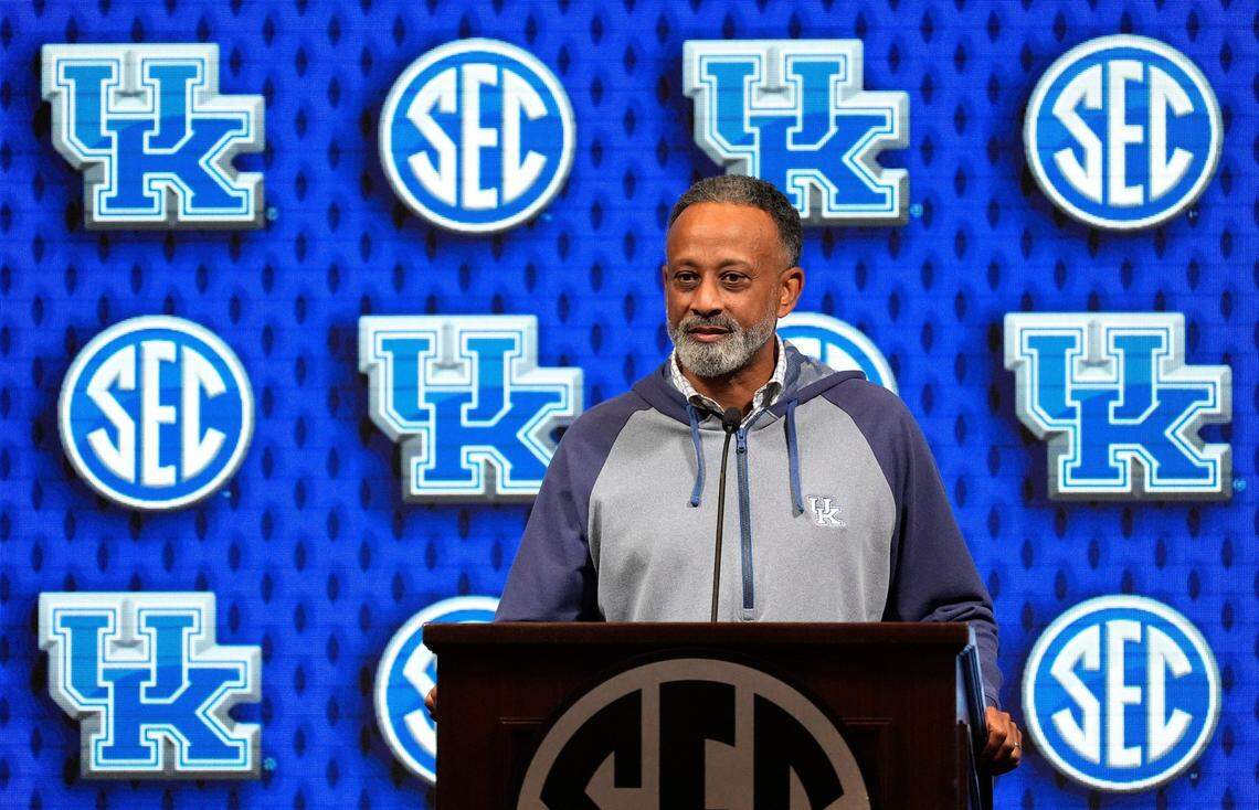 Kentucky head coach Kenny Brooks speaks during SEC Media Day at the Grand Bohemian Hotel in Mountain Brook Tuesday, Oct. 16, 2024.
