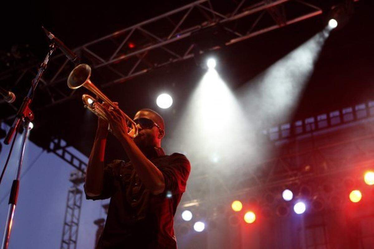 Trombone Shorty, who also plays trumpet, performs with Orleans Avenue at Courthouse Plaza in Lexington, Ky., Sept. 26, 2010.