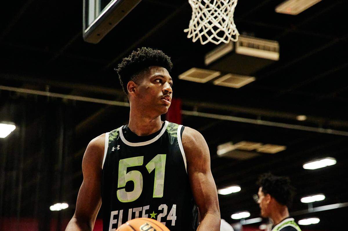 Class of 2025 college basketball recruit Bryson Tiller practices during the Under Armour Next Elite 24 event in August 2023 at the CORE4 Atlanta facility in Chamblee, Georgia.