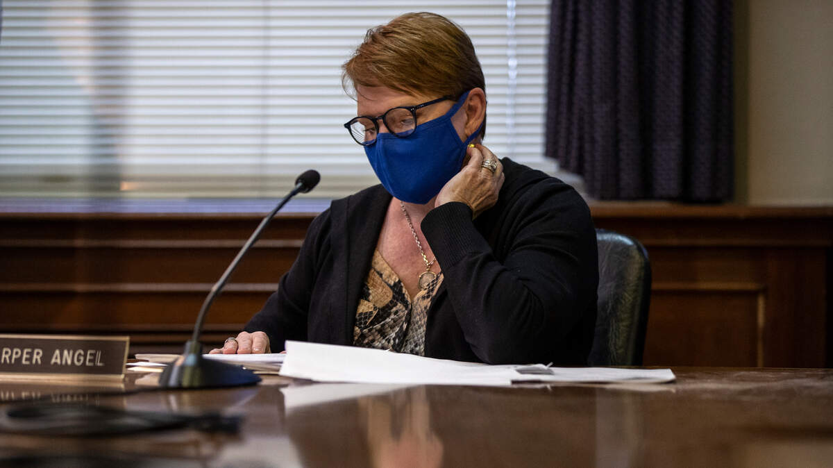 Kentucky state Sen. Denise Harper Angel, D-Louisville, attends a committee hearing at the Kentucky state Capitol in Frankfort, Ky., Wednesday, Jan. 6, 2021.