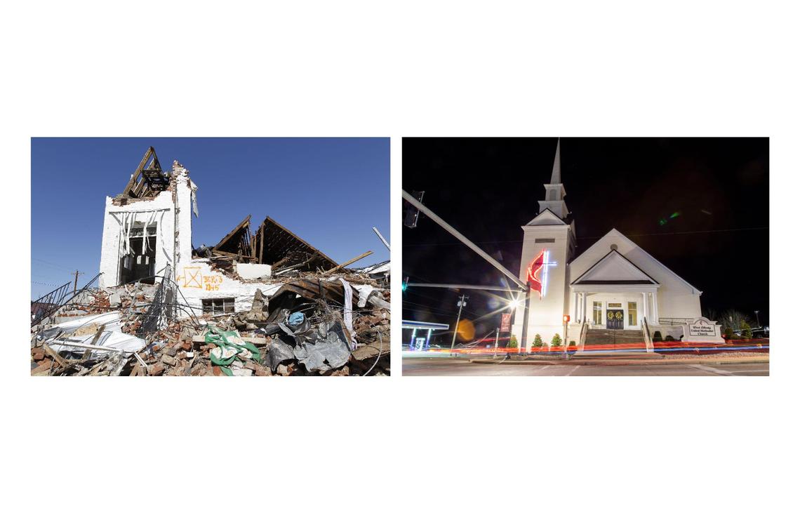(Left) The heavily damaged 99-year-old West Liberty United Methodist Church at the corner of Main St. and Prestonsburg St. in West Liberty, Ky., Tuesday, March 06, 2012. (Right) The Morgan County Courthouse in West Liberty, Ky., Wednesday, December 15, 2021. Morgan County suffered 6 fatalities and significant damage. The remains of the building were eventually torn down and the site cleared to make room for a new church building.