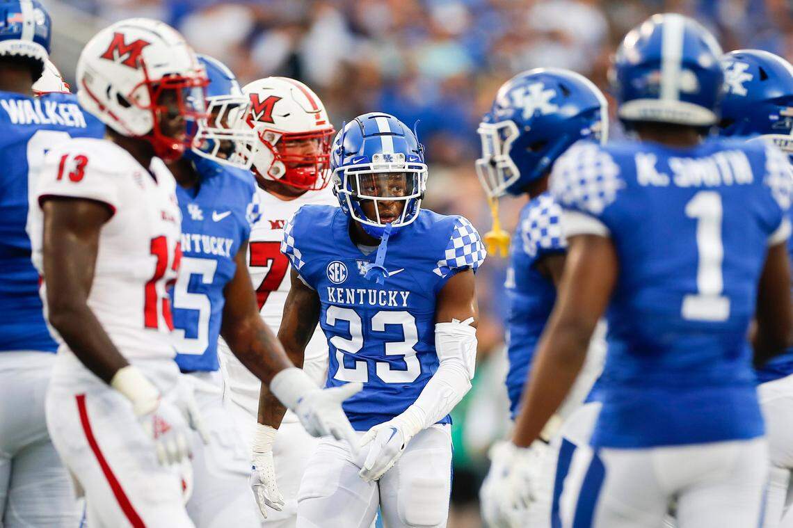 Andru Phillips (23), who made 31 tackles and had three passes defensed this past season, will be counted on to take over a starting role at cornerback for Kentucky in 2023.