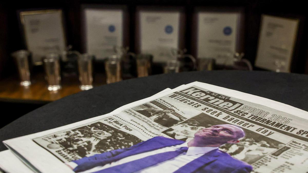 A stack of a special edition of the Kentucky Kernel previewing the SEC Basketball Tournament sits in the offices of the independent student newspaper of the University of Kentucky, Monday, March 10, 2025 in Lexington, Ky.