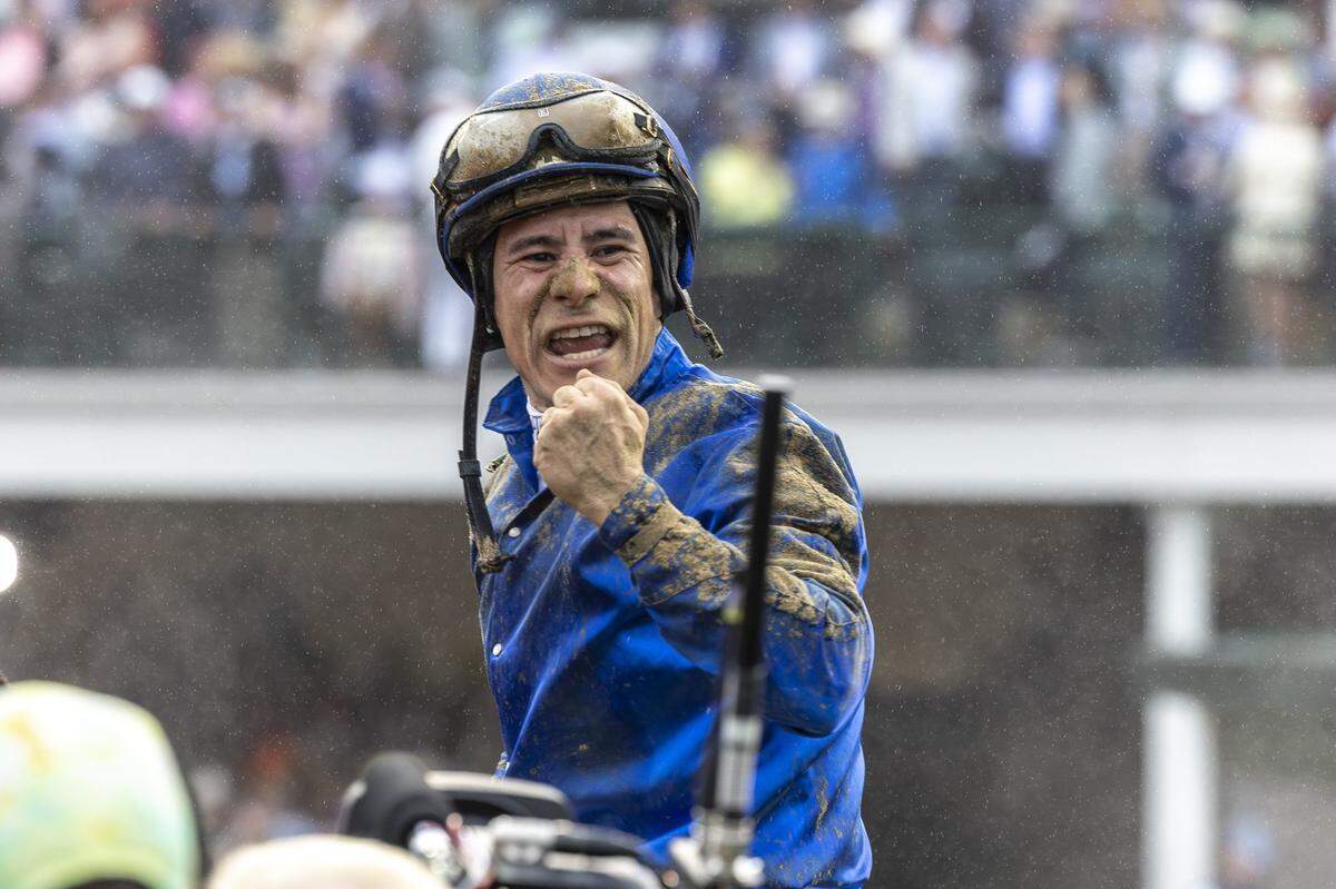 Junior Alvarado, aboard Sovereignty, reacts after winning the 151st running of the Kentucky Derby at Churchill Downs in Louisville, Ky., on Saturday, May 3, 2025. 