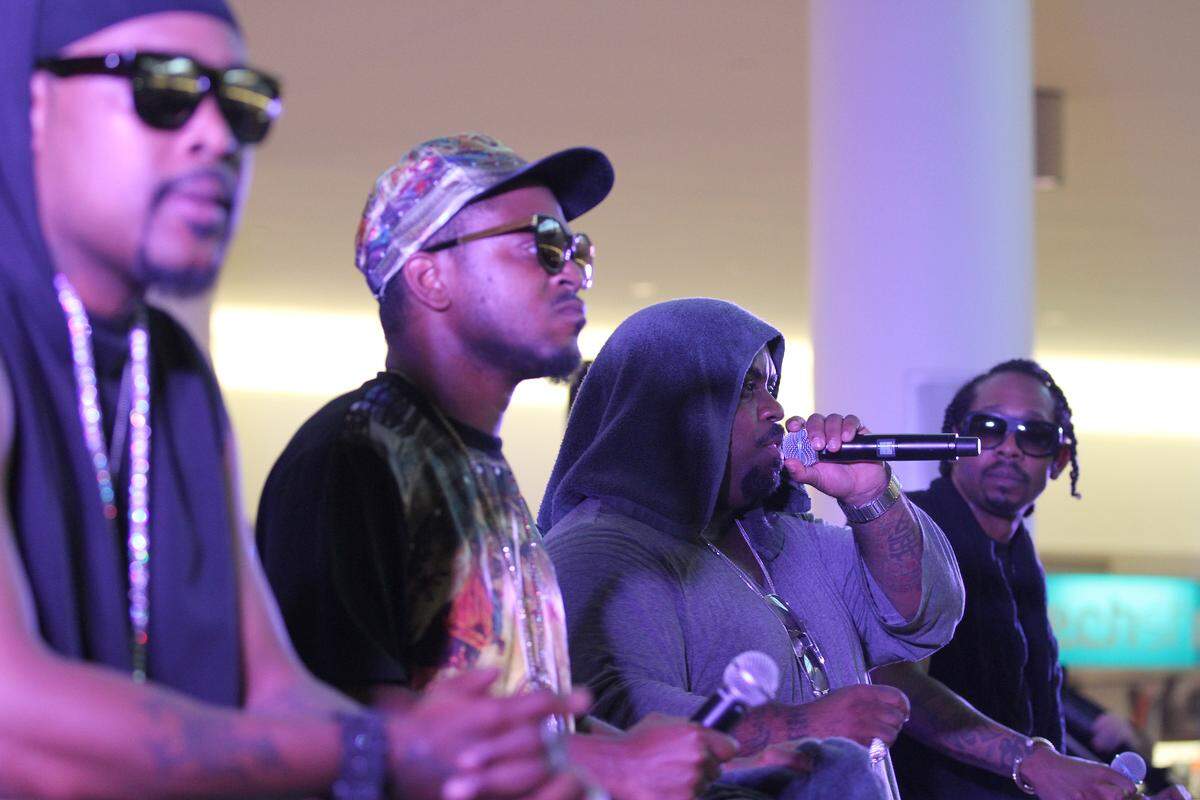 Khujo, T-Mo, Cee-Lo Green and Big Gipp of Goodie Mob perform at the Goodie Mob Live at T5, on Monday, Sept. 9, 2013, in the Queens borough of New York. (Photo by Donald Traill/Invision/AP)