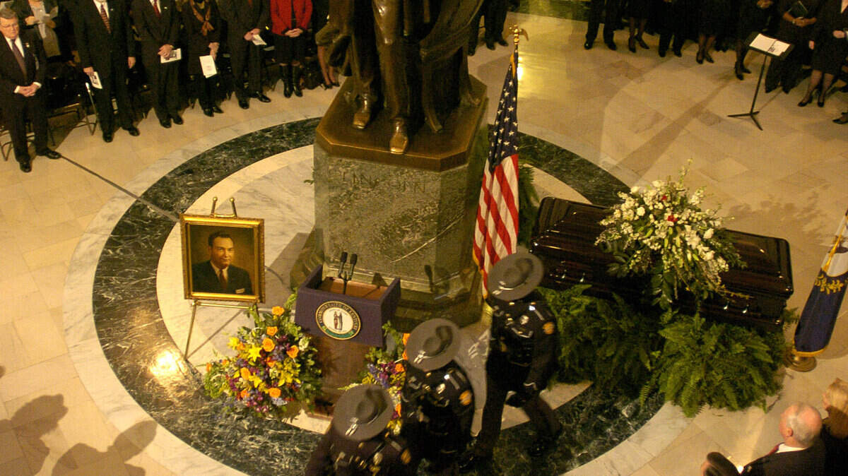 The Kentucky State Police Honor Guard presented colors at the memorial service for former Kentucky Gov. Louie B. Nunn held in the Capitol Rotunda on Feb. 2, 2004. Nunn was the 18th in state history to have lain in state. 