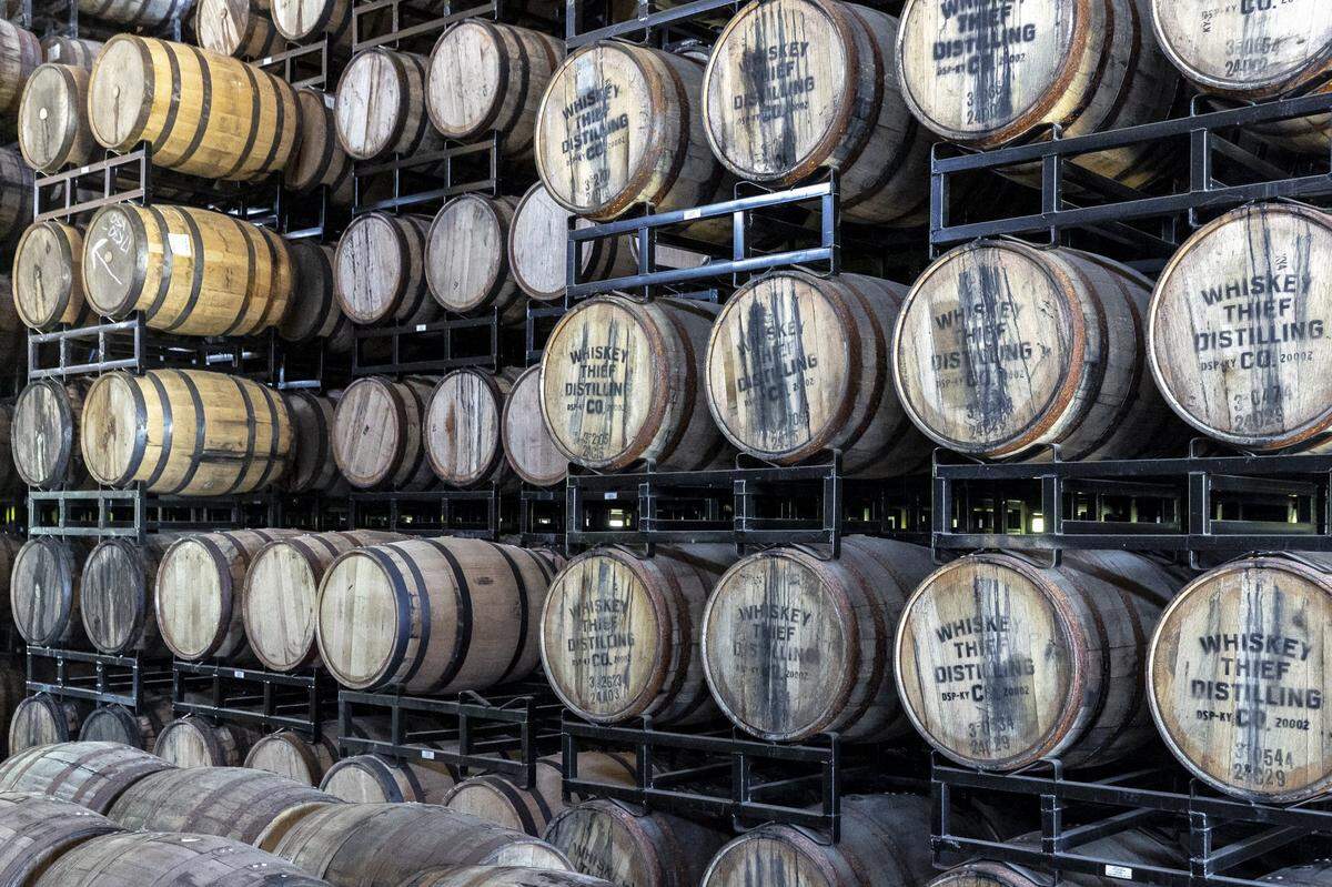 Barrels are aged in a warehouse at Whiskey Thief Distilling Co. in Frankfort, Ky., on Thursday, May 7, 2026.