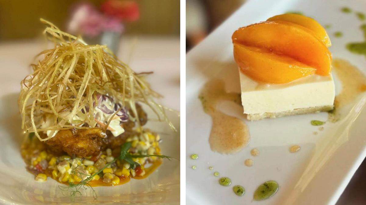 At left, fried chicken with buttermilk rind fried hot chicken, corn tomato relish, cabbage, slaw and fried leeks at Castle Farm at The Kentucky Castle and at right, Goat Cheese Bavarois with cinnamon peach conserve, almond shortbread and candied basil syrup from Bella Cafe & Grille.