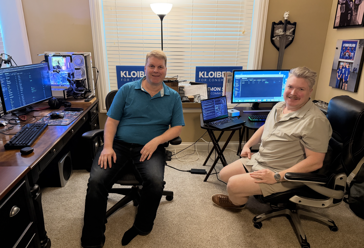 Kentucky 6th Congressional District Democratic candidate David Kloiber and his friend Tom Szczygielski sit in an office in Kloiber’s basement.