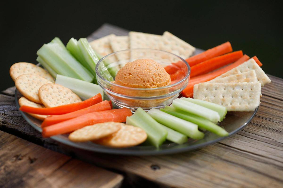 The homemade beer cheese platter served with celery, carrots and crackers at Waterfront Grille & Gathering.