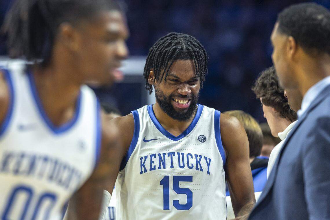 Kentucky forward Ansley Almonor (15) reacts during Friday’s game against Georgia State at Rupp Arena.