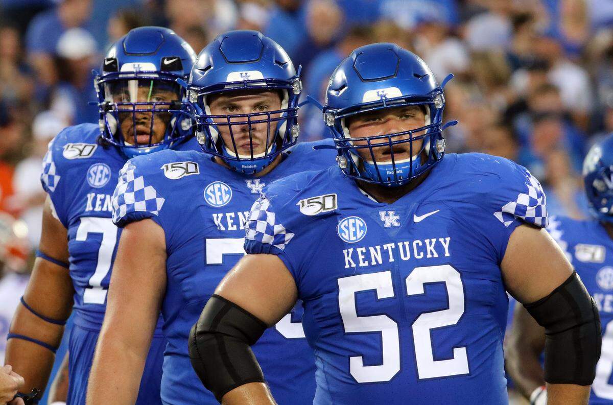 The return of University of Kentucky starting offensive linemen, from left, Darian Kinnard, Luke Fortner and Drake Jackson is one of the primary reasons to think the Cats can hold up against a 10-game SEC schedule in 2020.