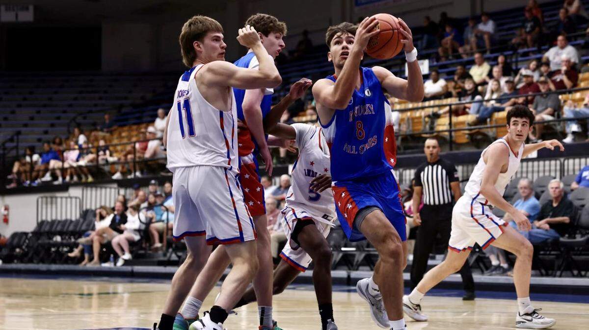 Former Owen County High School boys’ basketball player and current Western Kentucky men’s basketball signee Teagan Moore drives to the rim for the Kentucky All-Stars during Friday night’s game against Indiana at the Sportscenter in Owensboro. Moore led Kentucky with 31 points in a win.
