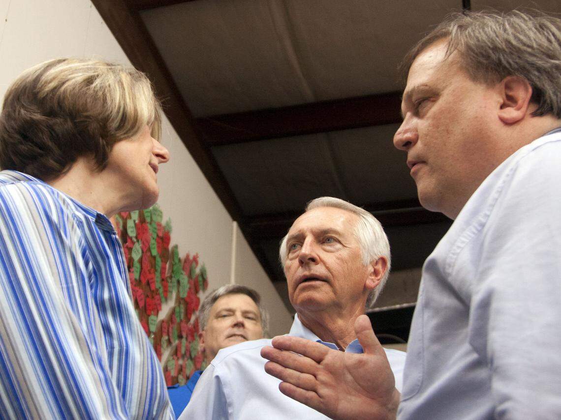 Gov. Steve Beshear talks with Morgan County Schools Superintendent Deatrah N. Barnett, left, and Kentucky Senate Majority Leader Robert Stivers III, right, during a visit Monday to the temporary West Liberty Elementary School. The former school was destroyed by the March 2nd tornado. Photo by John Flavell