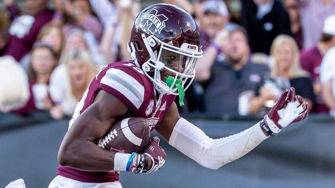 Mississippi State cornerback Emmanuel Forbes (13) is tied for third in the FBS in interceptions with four.