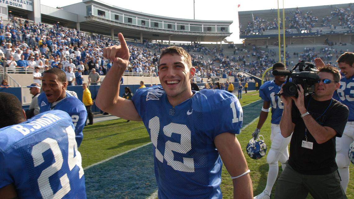 UK's Derek Abney celebrates as they walk off the field as Mississippi State played the University of Kentucky in football at Commonwealth Stadium in Lexington, KY, Saturday October 25, 2003. This is fourth quarter action. UK won 42-17.