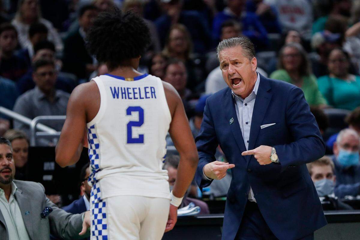 Kentucky head coach John Calipari reacts after Sahvir Wheeler turned the ball over against Saint Peter’s during the team’s shocking loss in the first round of the NCAA Tournament.