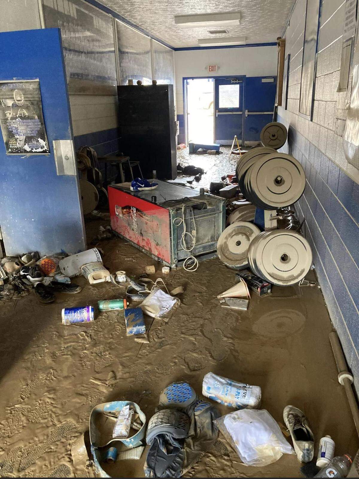 The interior of the football facility at Breathitt County High School in Eastern Kentucky was in need of cleanup after last week’s devastating flood.