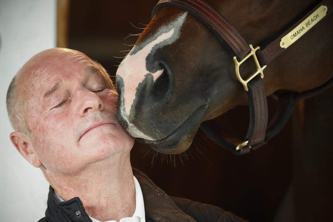 Trainer Richard Mandella stands interacts with Omaha Beach at their stable at Churchill Downs in Louisville, Ky., Thursday, May 2, 2019. Kentucky Derby favorite Omaha Beach scratched from SaturdayÕs race because of an entrapped epiglottis.