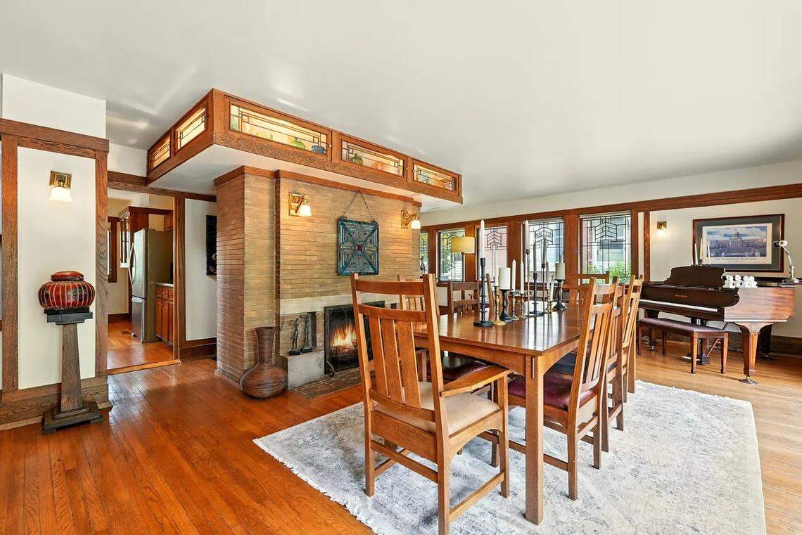 The fireplace can be seen from this view of the dining room at the Zeigler House.