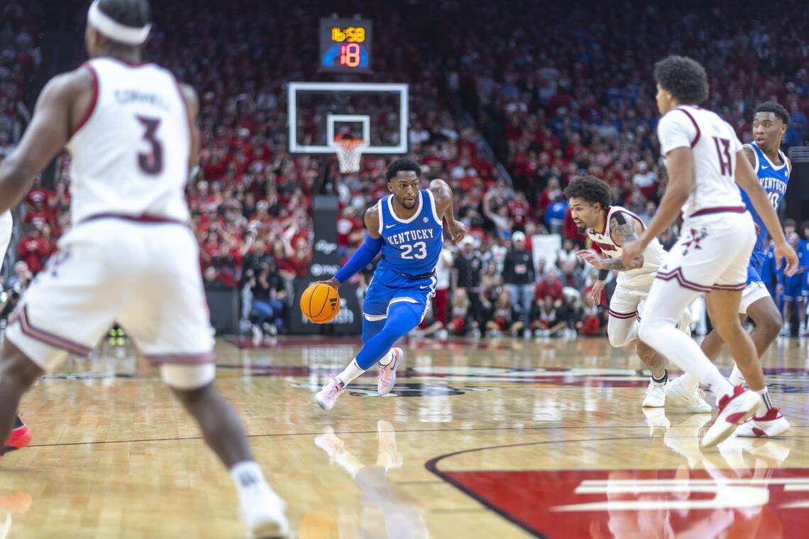 Kentucky basketball forward Mouhamed Dioubate (23) is among the big men who can sometimes initiate offense in coach Mark Pope’s offense. 