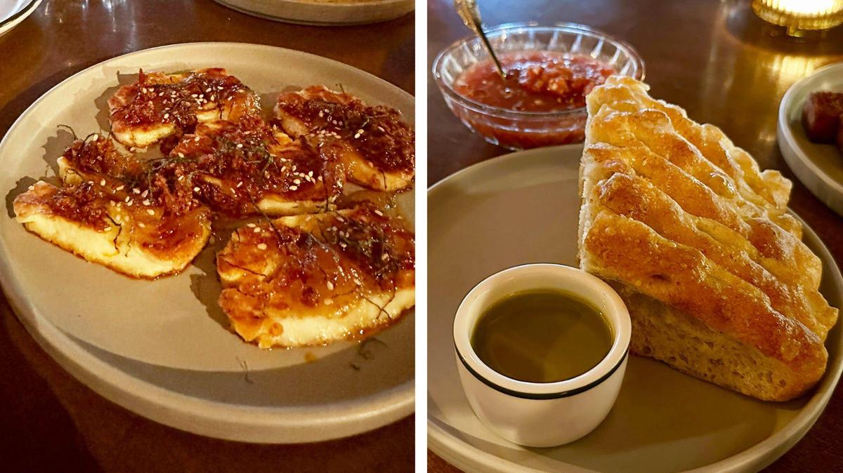 At left, Mileta’s grilled halloumi cheese first course starter topped with sweet honey-lemon marmalade, benne seed salsa and mint ($19). At right is housemade focaccia and olive oil ($8). Freshly made tomato dip can be added for $6. Chef Alex Green says the dip is made with tomatoes from the farmers market, never refrigerated, minced anchovies, minced shallots, 20-year-old Shea vinegar, Bourbon Barrel soy sauce, Tabasco, pepper, salt and a pinch of sugar.