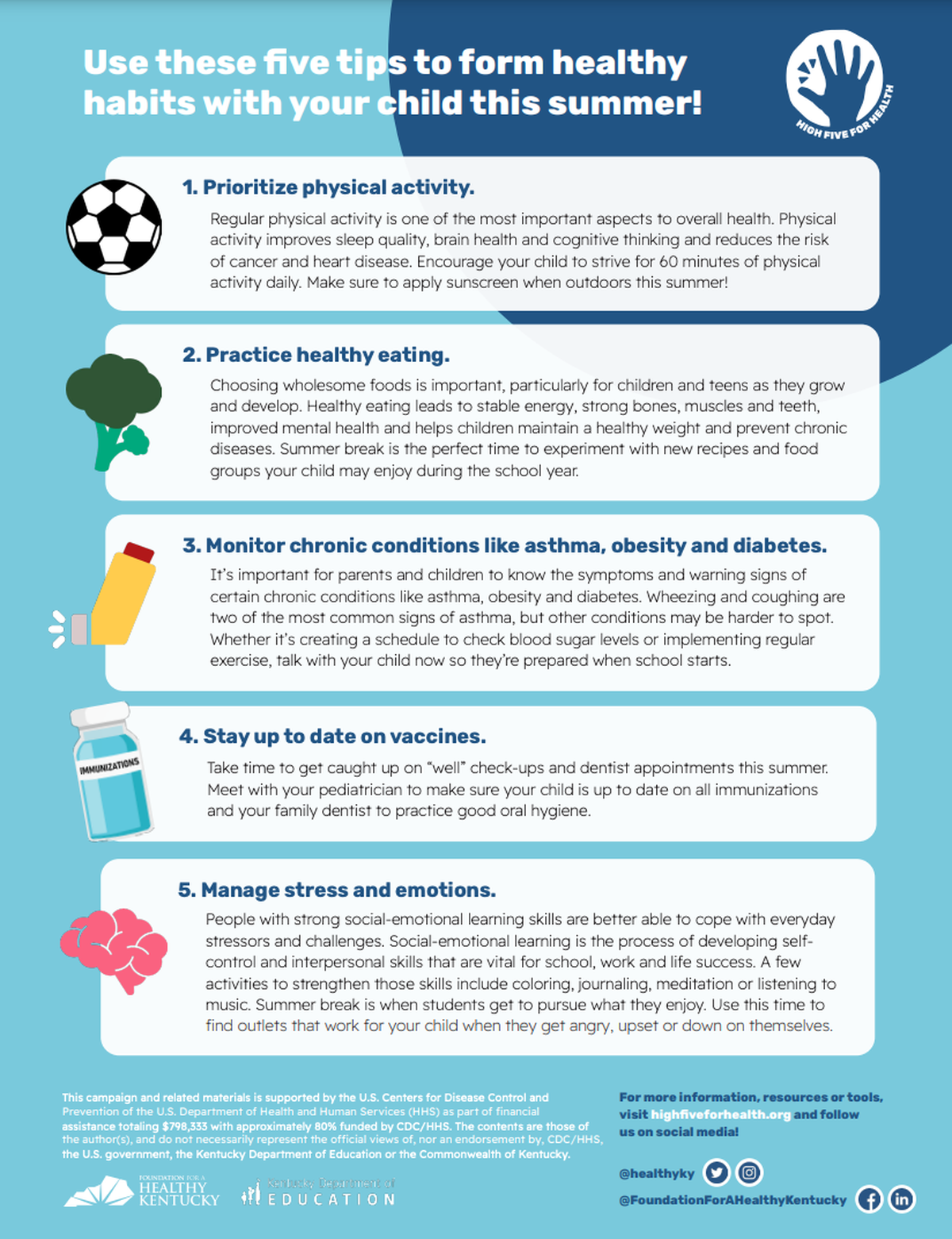A graphic outlines the five tips to form healthy habits from the High Five for Health campaign.