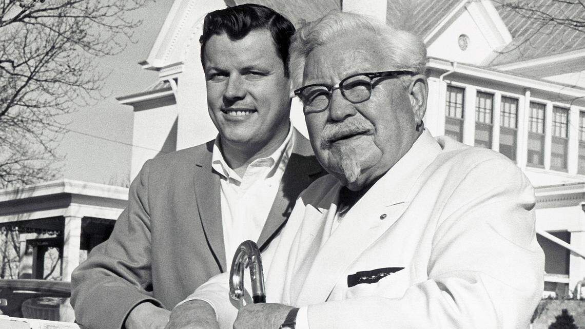 Colonel Harland Sanders, right, sold Kentucky Fried Chicken for $2 million to John Young Brown, Jr., shown with the famous inventor of chicken's secret recipe on Jan. 29, 1964. Brown, a former Kentucky governor, had a lasting impact on restaurants that began with the purchase of Kentucky Fried Chicken.