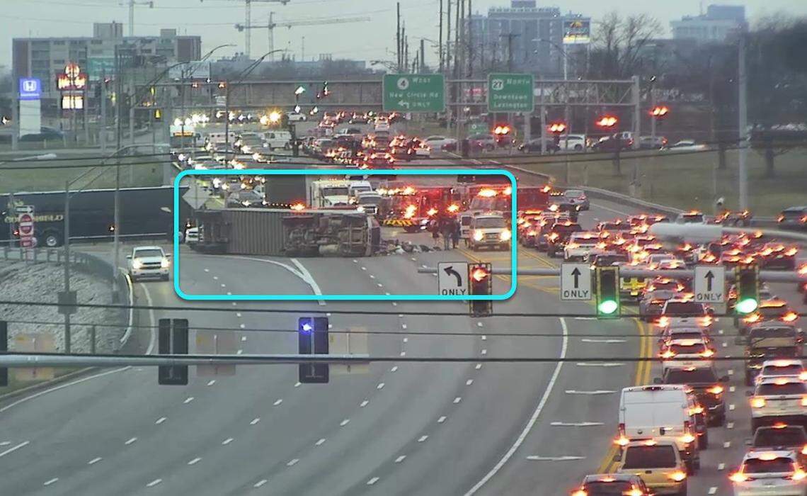 A tractor-trailer flipped on its side on Nicholasville Road, causing road closures on March 5, 2026.