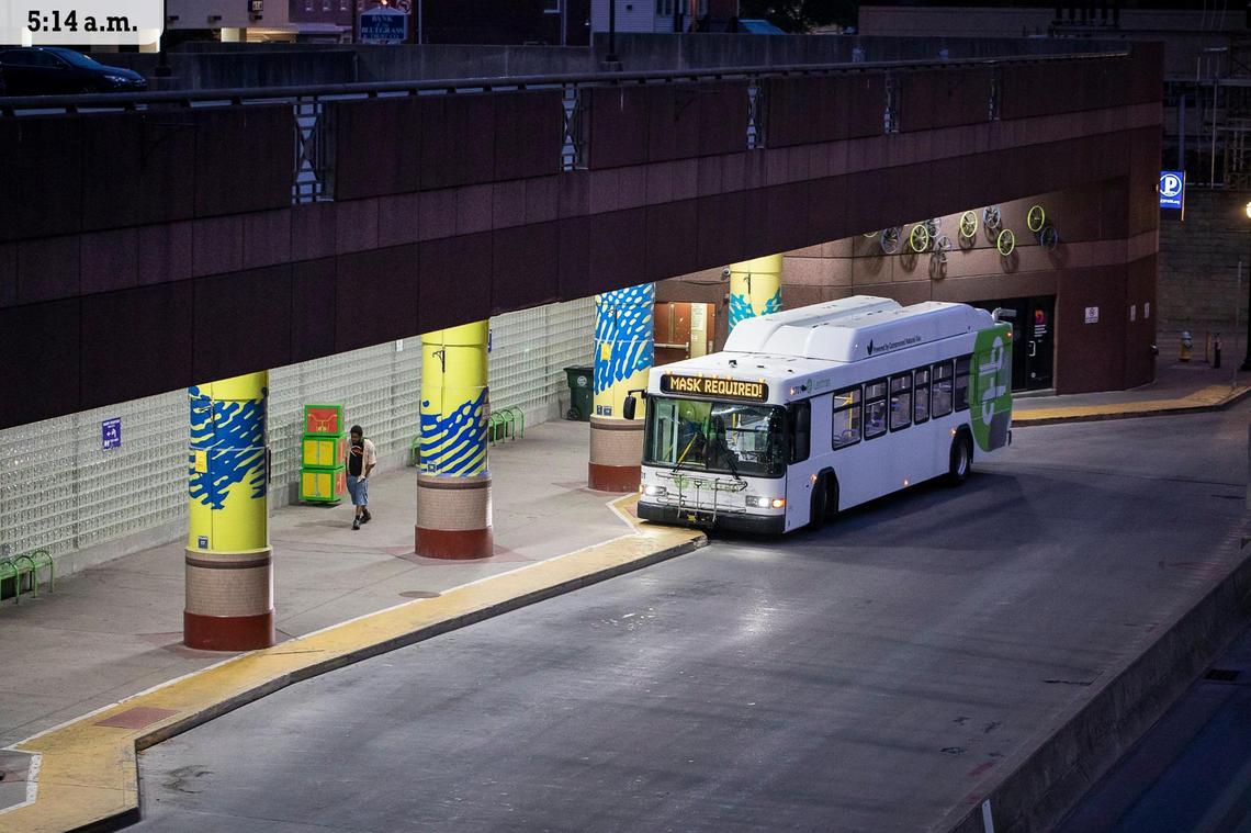 A bus pulls into the Lextran Transit Center at 5:14am in Lexington, Ky., Saturday, July 10, 2021.