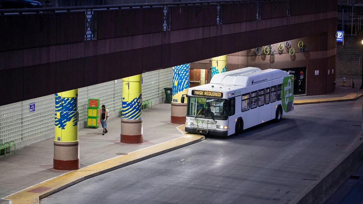A bus pulls into the Lextran Transit Center in Lexington in this July 10, 2021, photo. The Lexington-Fayette Urban County Council will consider funding two transit programs at its December meeting.