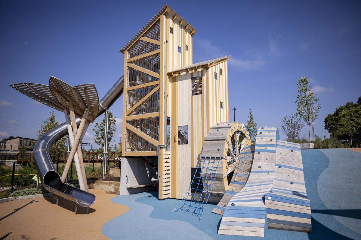 The adventure playground during a tour on Thursday, Aug. 14, 2025, at Gatton Park on the Town Branch in Lexington, Ky. 