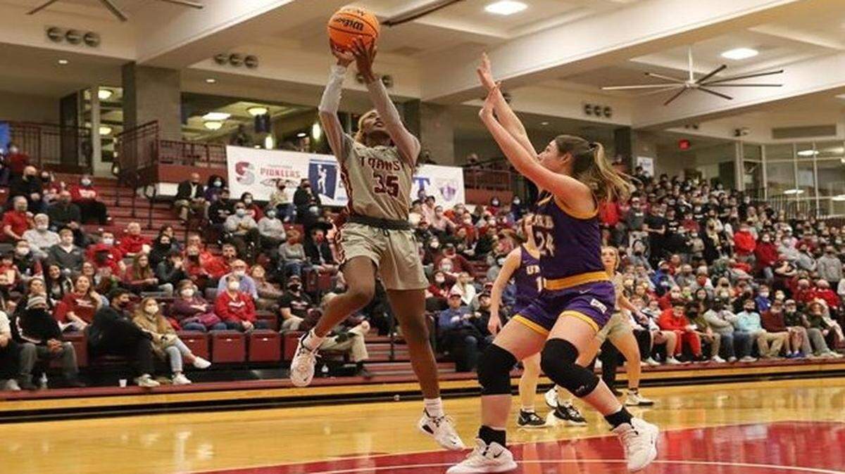 Dasia Thornton (35) finished with 15 points and 12 rebounds in Transylvania’s NCAA Division III Tournament Sweet 16 victory over Mary Hardin-Baylor at the Clive M. Beck Center on Friday night.