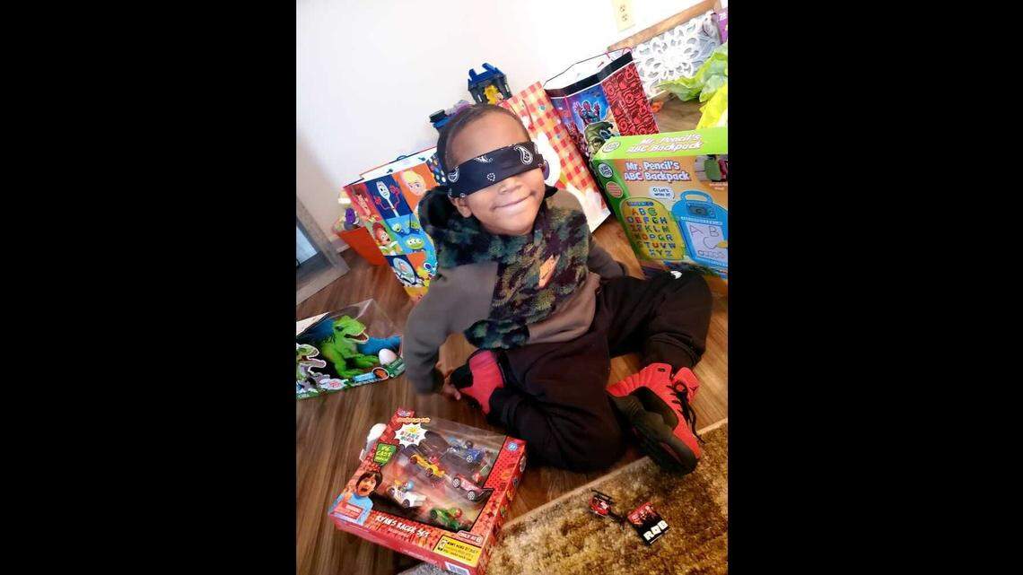 Malakai Roberts sat with his gifts on his 6th birthday. Roberts was permanently blinded when he was unexpectedly shot by someone outside his home on Dec. 21.