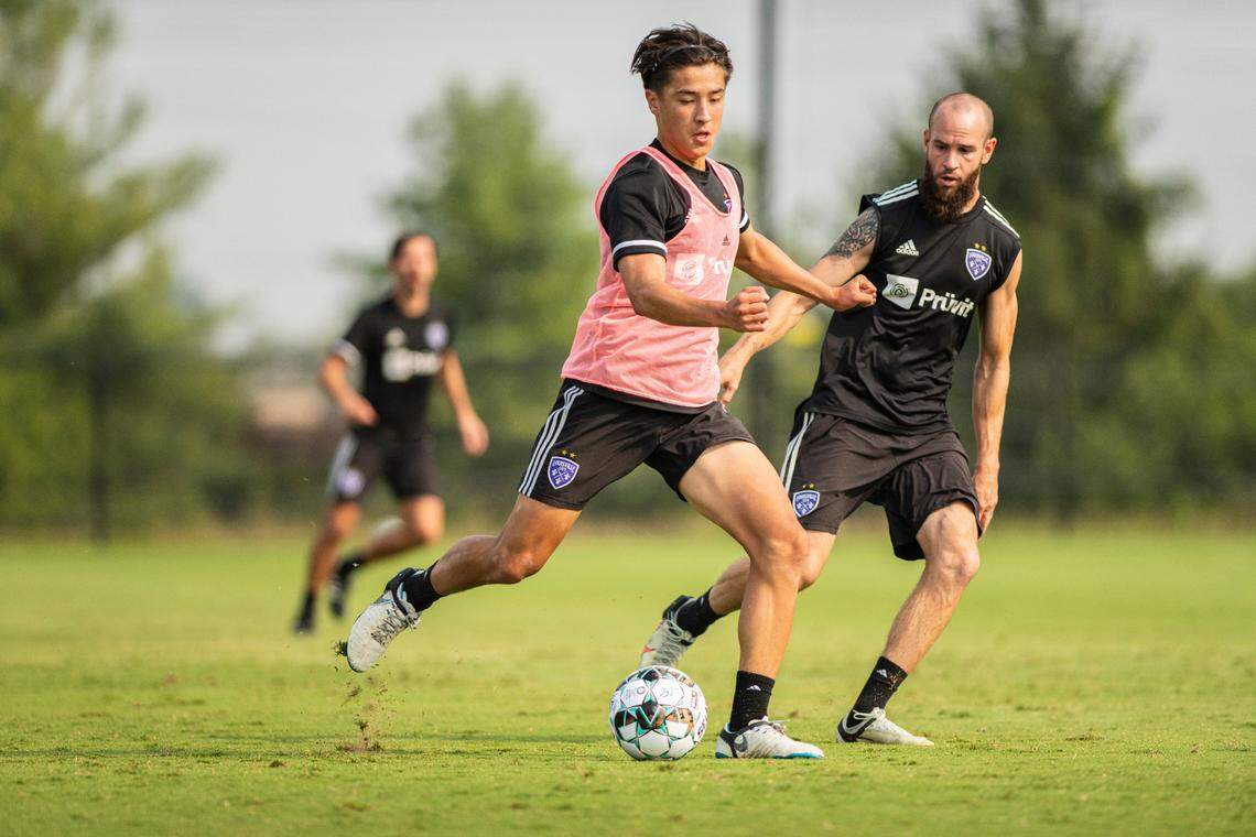 Owen Damm (center) trains with Louisville City FC of the USL Championship. Damm previously was a member of the Louisville City youth academy and also a player at Woodford County High School.