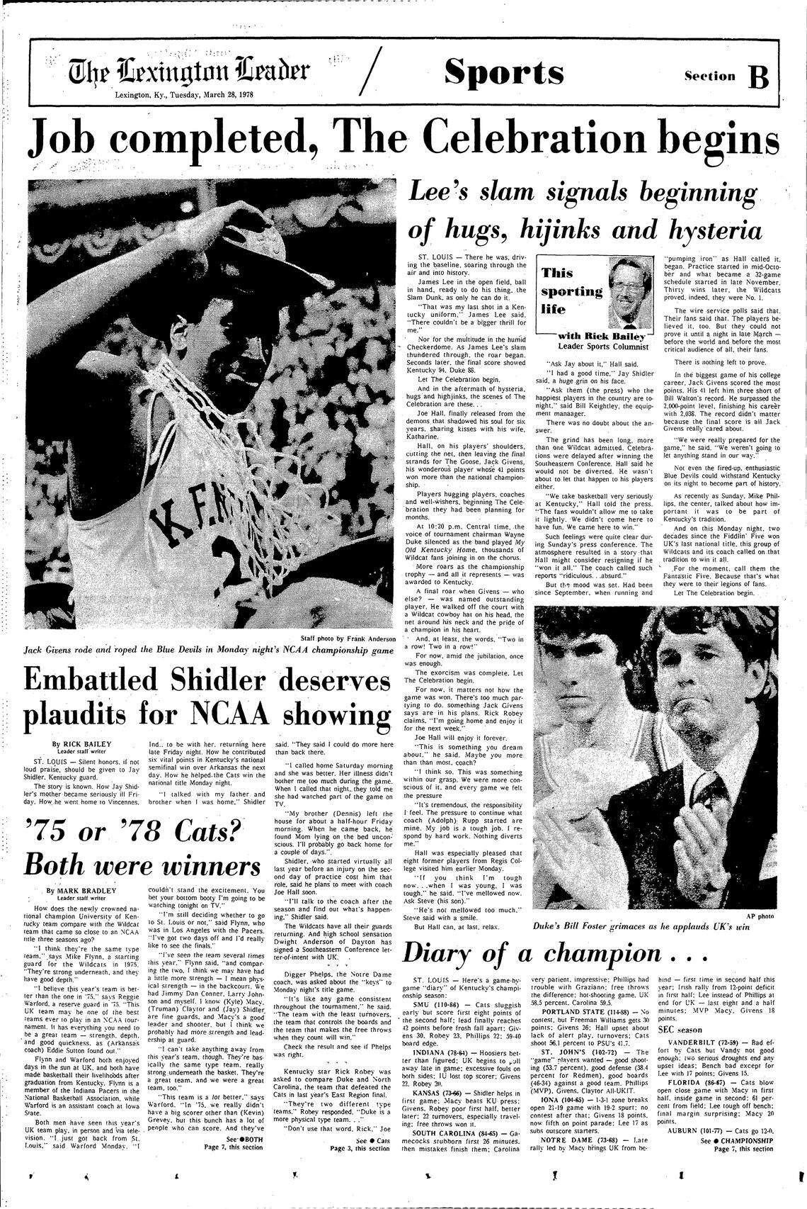 The front page of The Lexington Leader sports section on March 28, 1978.