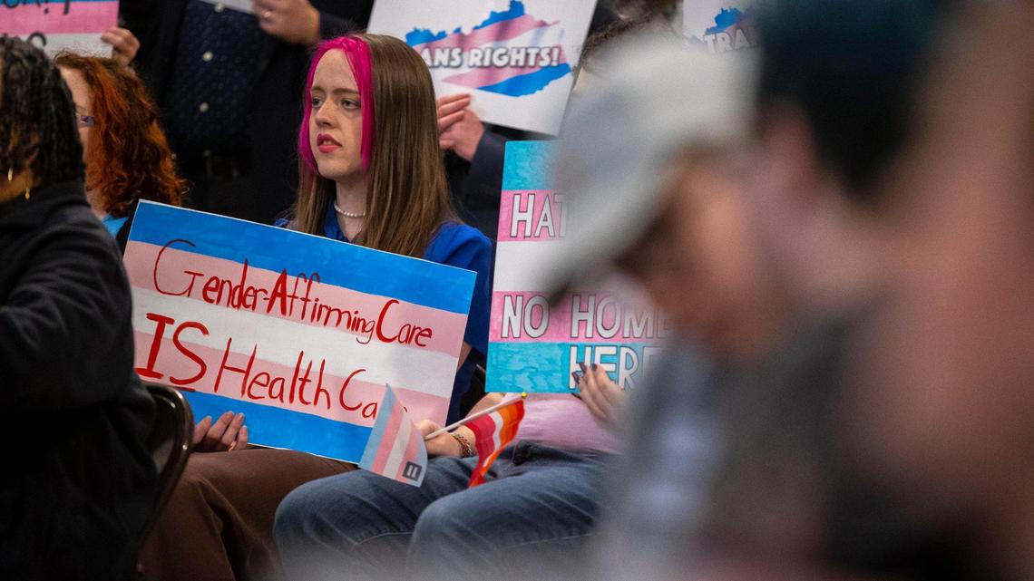 People attend the Fairness Rally at the Kentucky state Capitol in Frankfort, Ky., on Wednesday, Feb. 15, 2023.