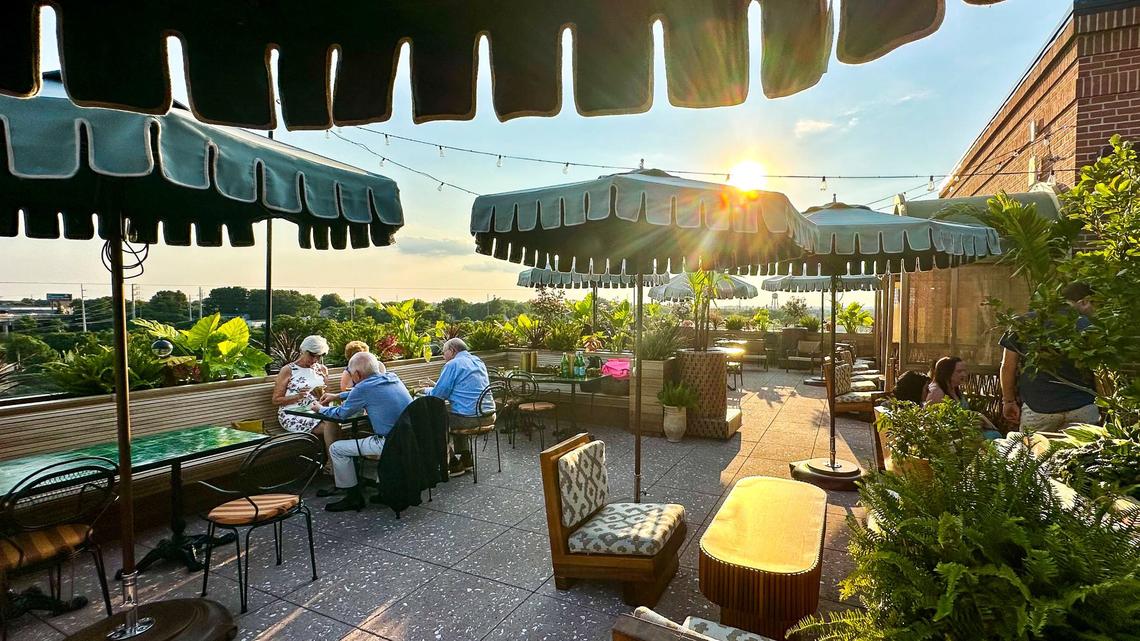 The rooftop patio at the Lost Palm, an an indoor-outdoor bar and restaurant located on the seventh floor of the Manchester Hotel.